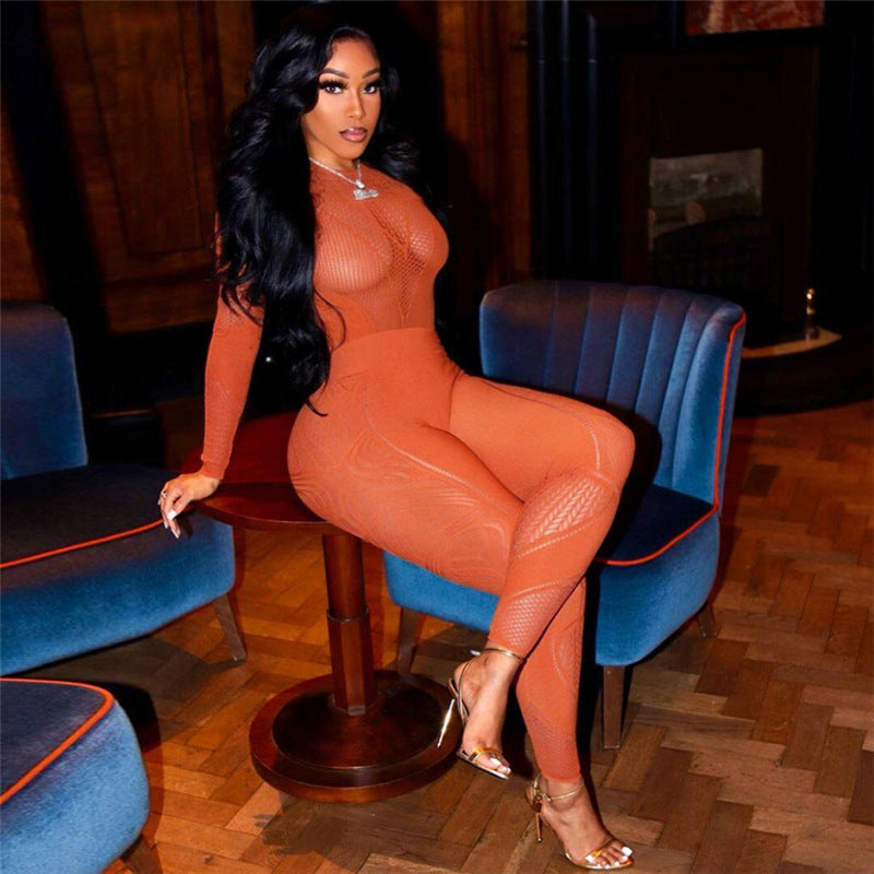 Cutout Jacquard Knitted High Waist Tight Jumpsuit