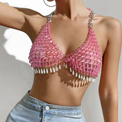 Pink Gem Pearl Halter Sling Backless Vest