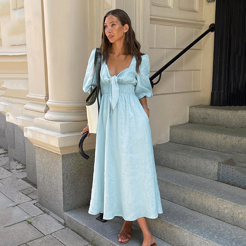 Elegantes französisches Kleid, tief ausgeschnitten, V-Ausschnitt, Puffärmel, hohe Taille, Baumwoll-Leinen-Kleid