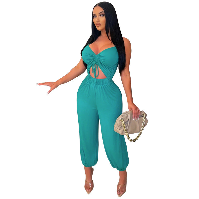 Low-Cut Casual Pleating Sling Jumpsuit Bloomers Plus Size