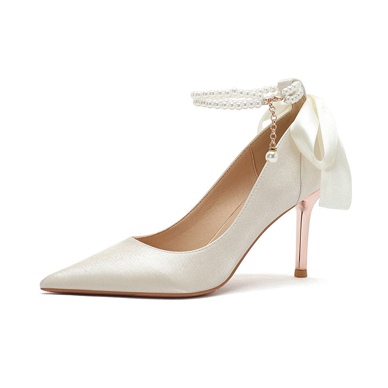 Fu Pointed High Stilettos Bow Pearl