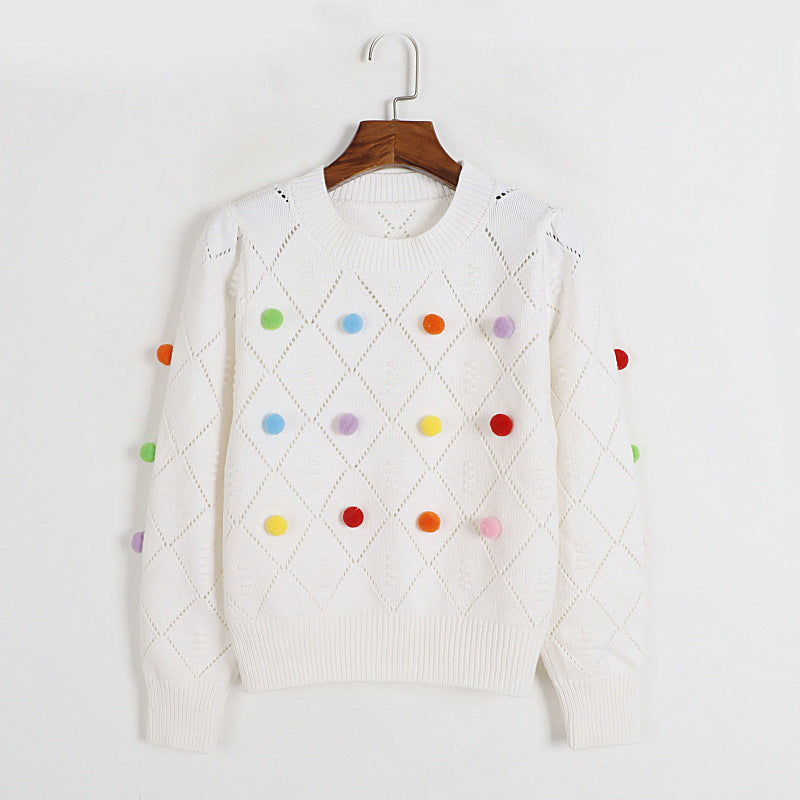 Pull à manches bouffantes et col rond, pull à découpes ajourées et colorées en boule de fourrure
