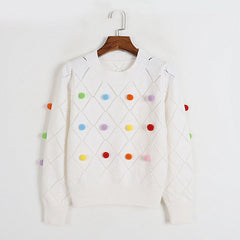 Pull à manches bouffantes et col rond, pull à découpes ajourées et colorées en boule de fourrure