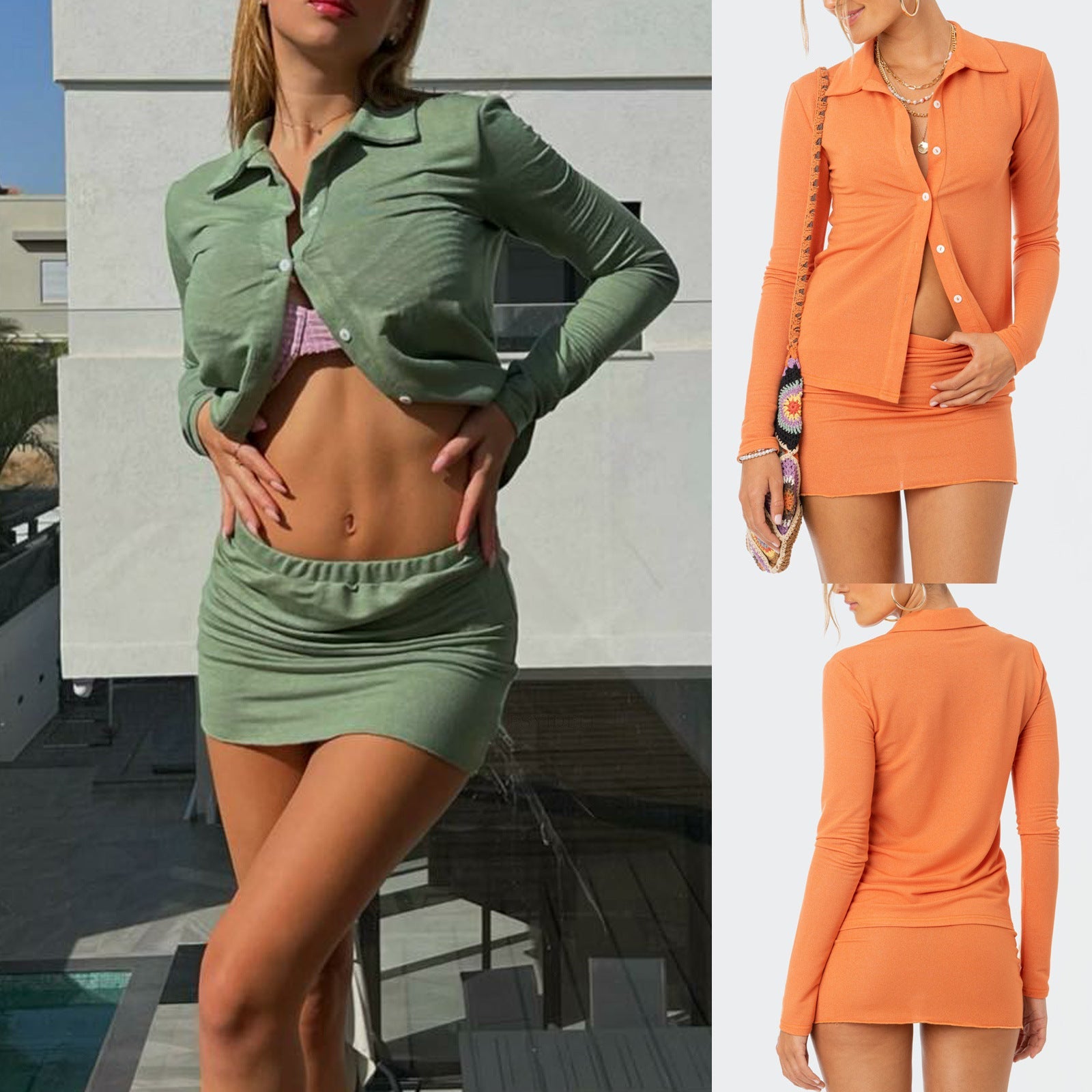 Casual Suit Solid Color Long-Sleeved Polo Collar Top Collared Single Breasted Hip Skirt