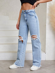Pantalon en jean déchiré droit amincissant taille haute
