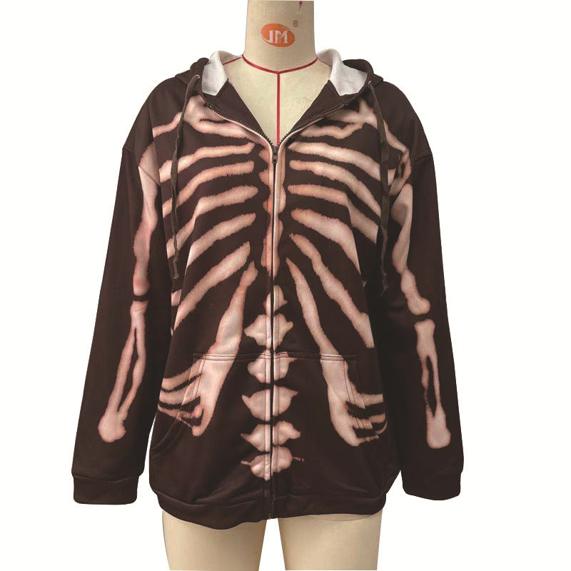 Halloween Hoodies mit langen Ärmeln und Reißverschluss und Totenkopf-Print