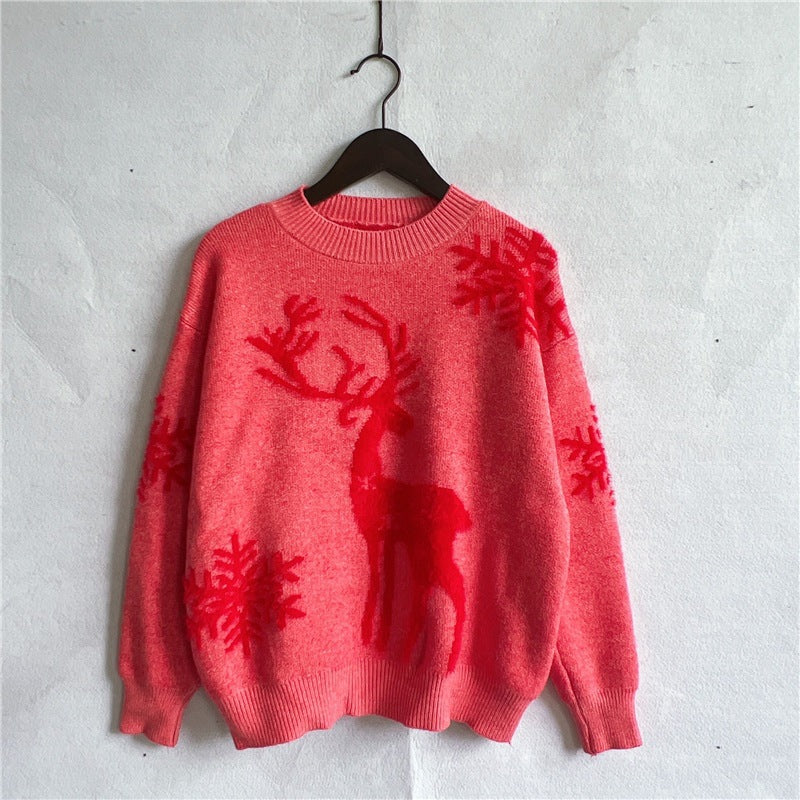 round Neck Long-Sleeved Christmas Sweater Year Snowflake Deer Jacquard Knitted Pullover