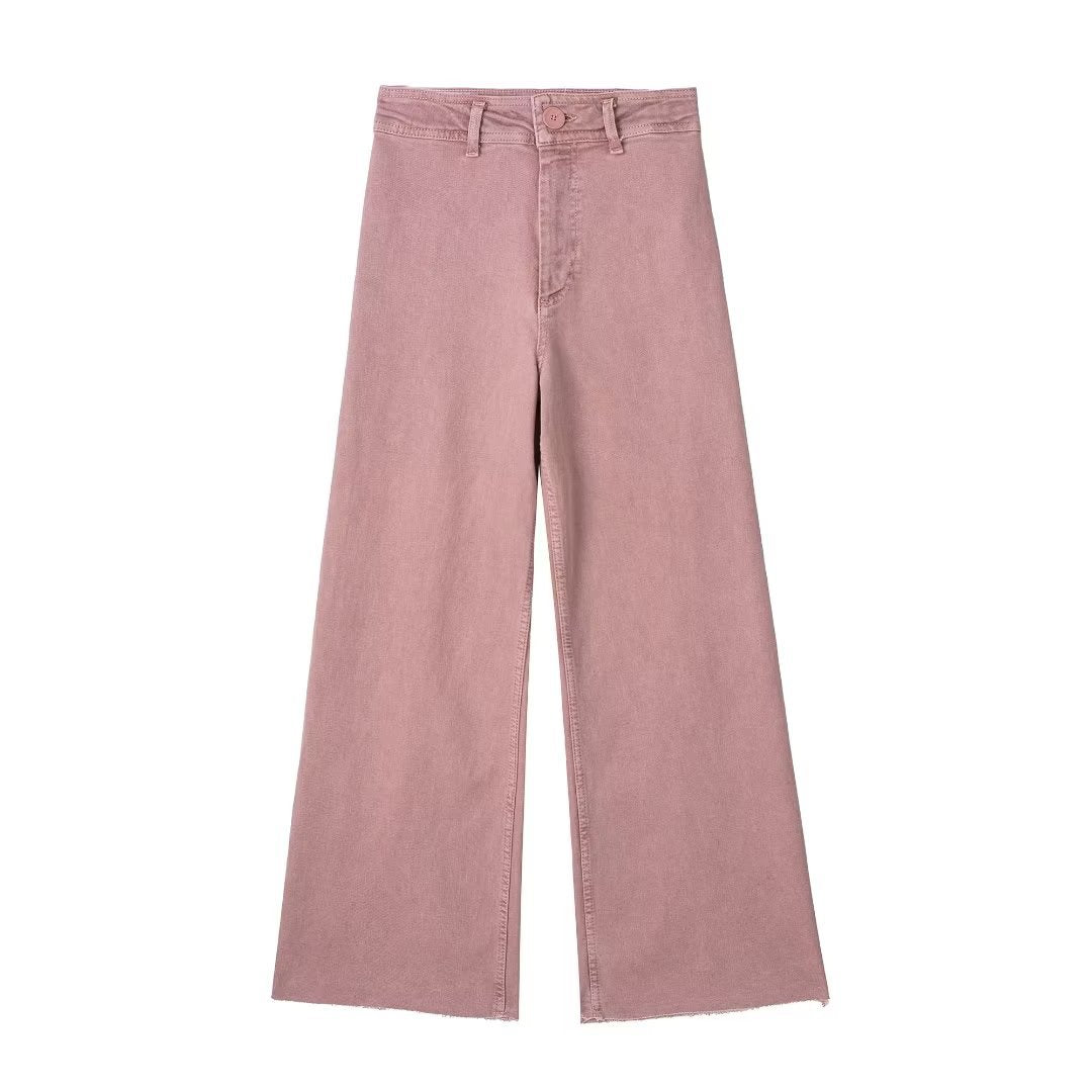 High Waist Solid Color Navy Straight Casual Denim Trousers