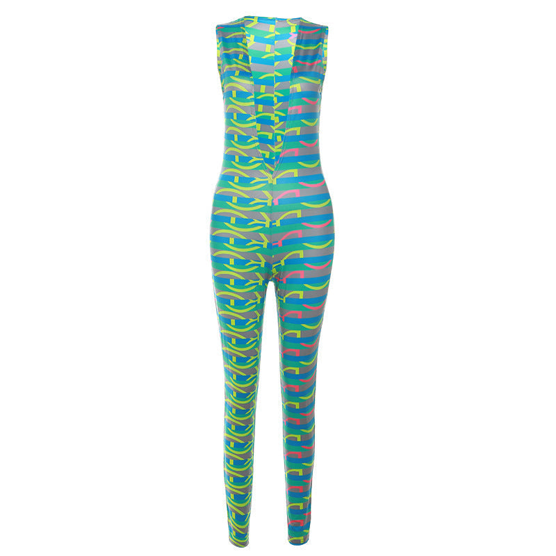 Sleeveless Low Collar Printed Slim High Waist Jumpsuit