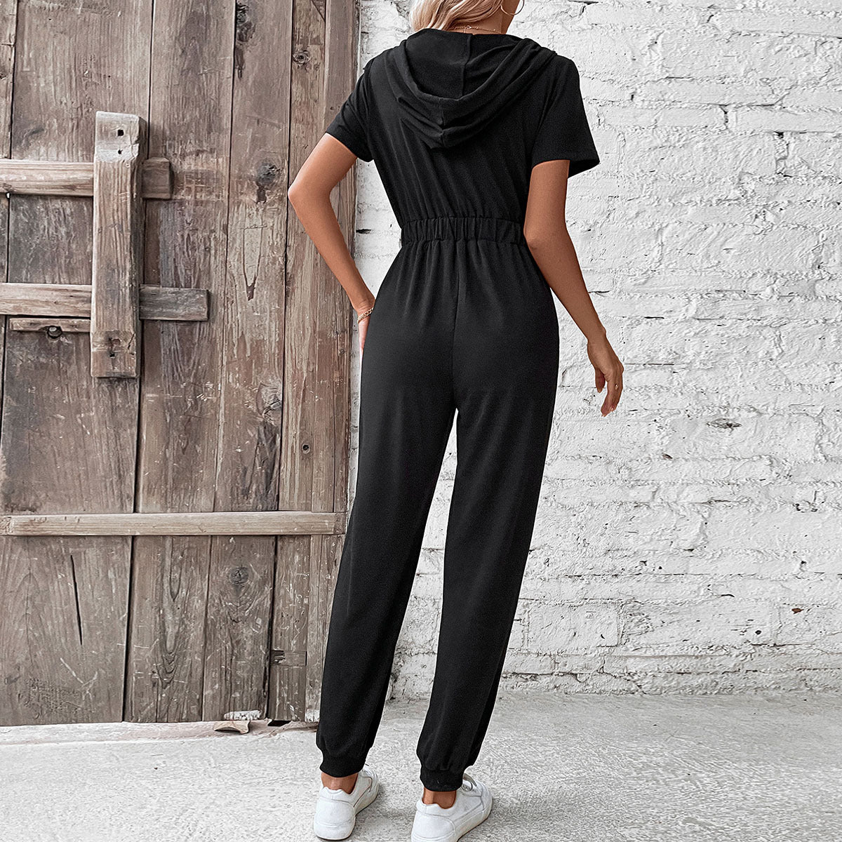 Hooded Work Solid Color Jumpsuit
