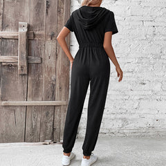 Hooded Work Solid Color Jumpsuit