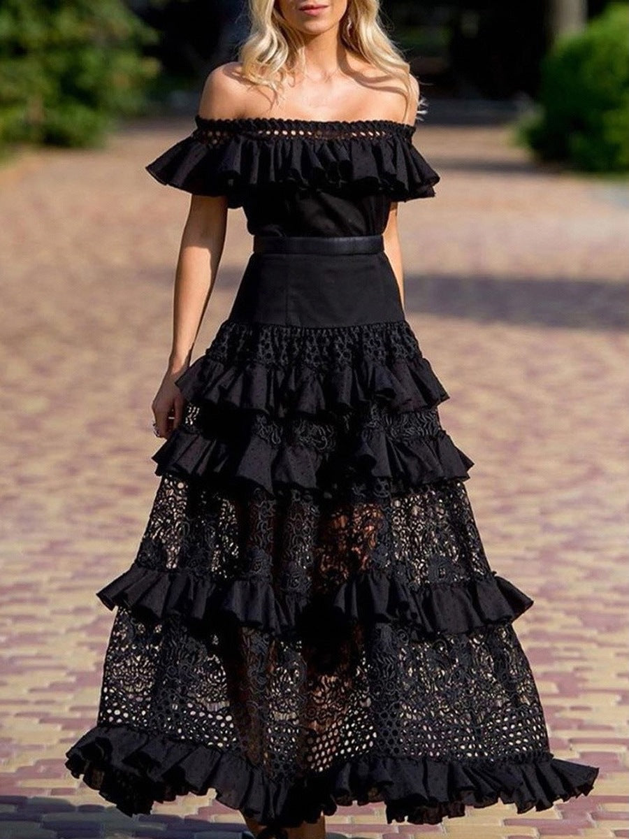 off-Shoulder Ruffled Hollow Out Cutout Wide Hem Lace Dress