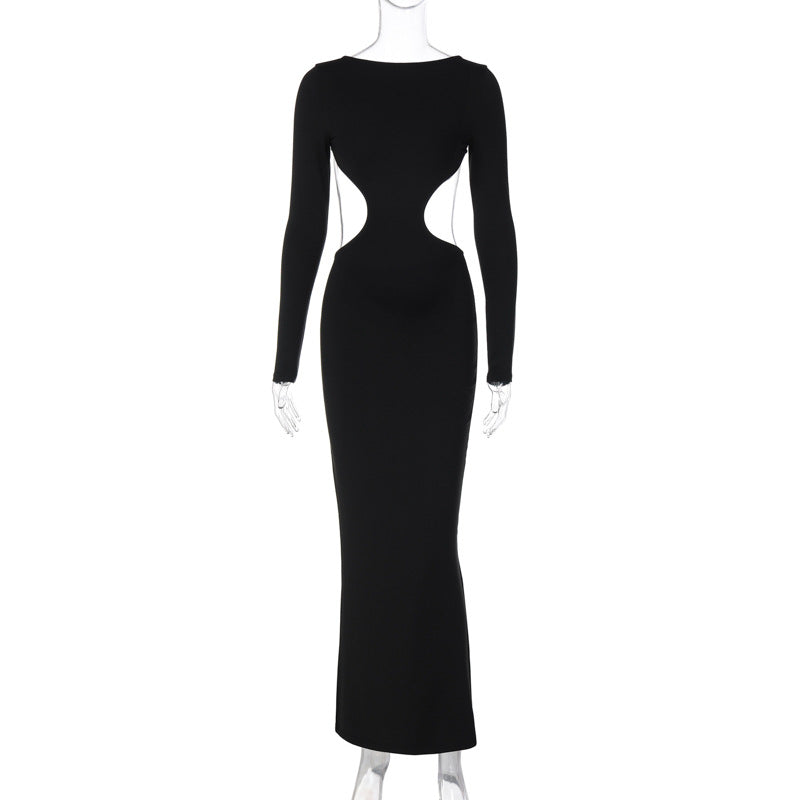 Mädchen tragen rückenfreies, ausgehöhltes, ausgeschnittenes, langärmliges, schmales, einfarbiges Privatkleid
