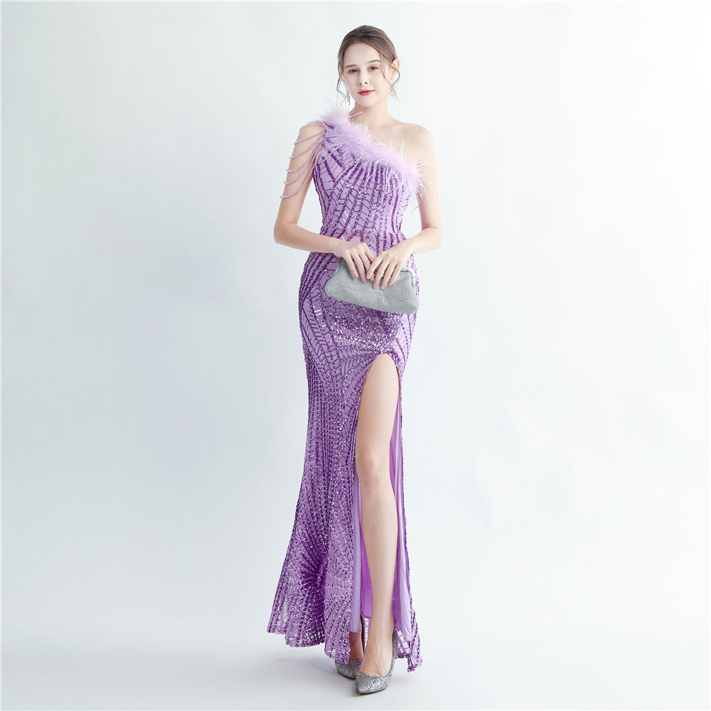 High-Density-Laminierung Pailletten Handwerk Auftrag Straußenhaar Perlen Schräge Schulter High-End-Abendkleid