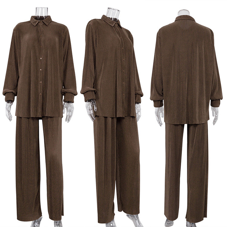 Pleated Casual Shirt Outfit Long-Sleeved Trousers High Waist Loose Drooping