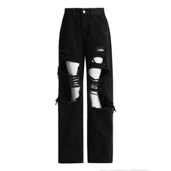 Pantalon en jean taille haute coupe droite, ample, troué, noir, drapé amincissant, jambe large, jean serpillière