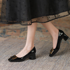 Women's Chunky Mary Jane Kitten Metal Buckle Heels