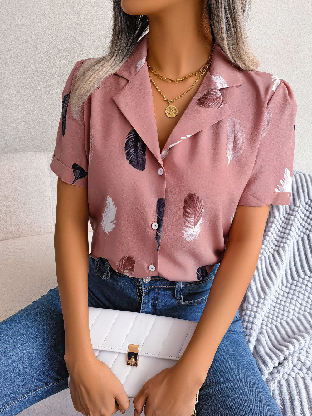 Elegant Collar Feather Loose Short Sleeve Shirt