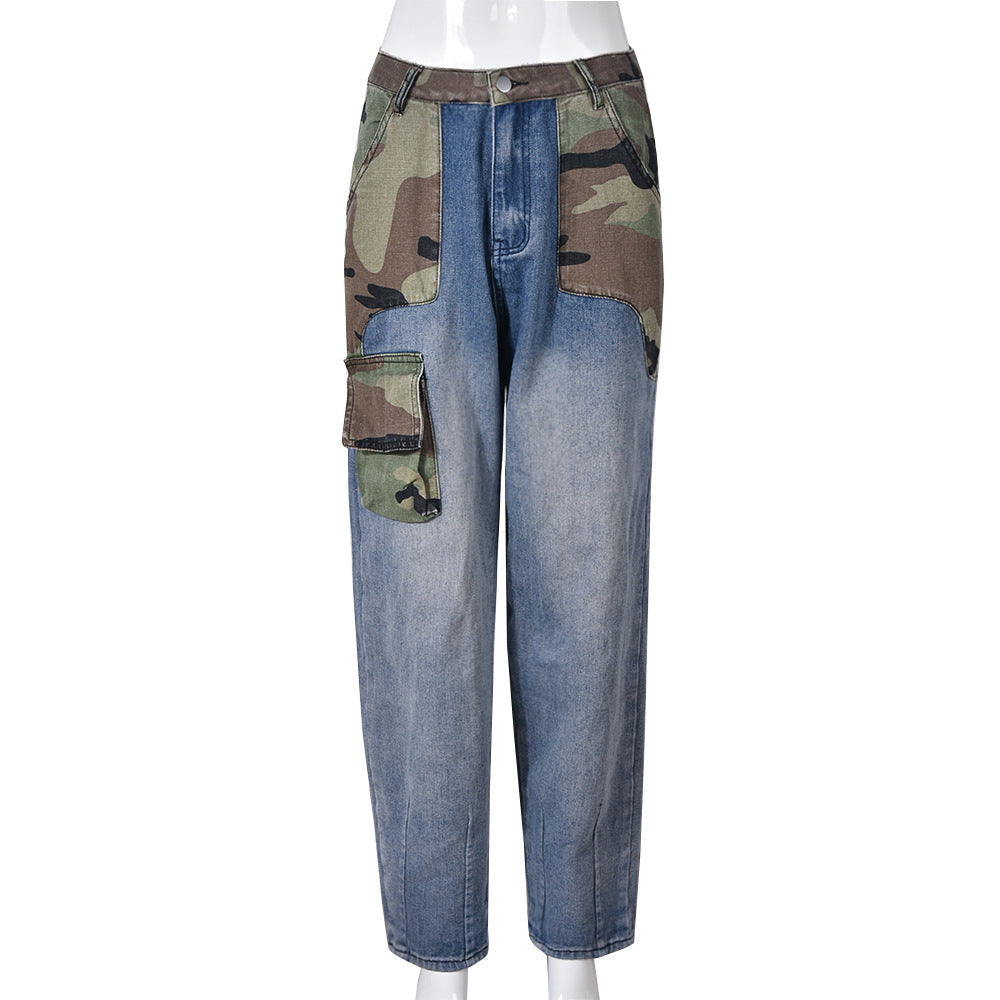 Trendy Denim Camouflage Contrast Color Personality Stickers Bags Straight Pants