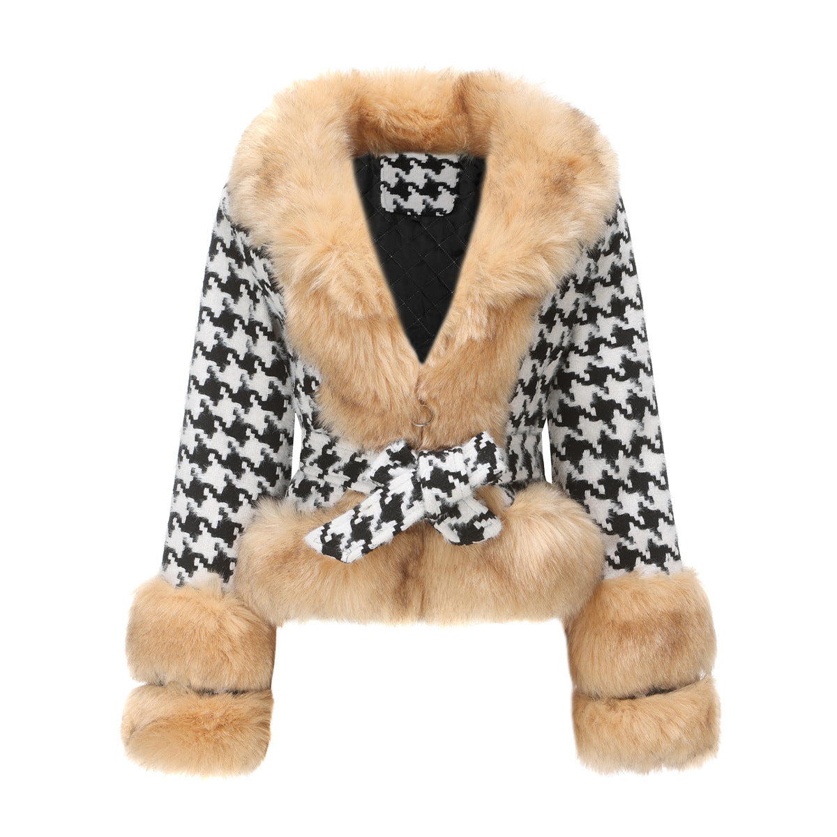 Plaid Coat Detachable Short Fur Collar Tops Houndstooth