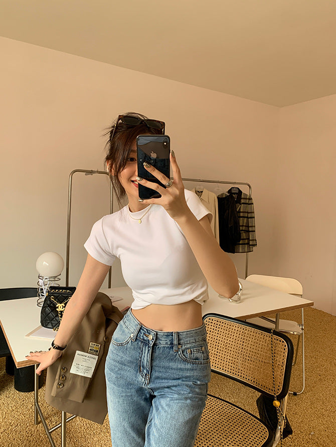 White T shirt Shoulder Short Sleeve Slimming round Neck Cotton Bandage Dress Bottoming Top