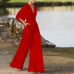 Dress Jumpsuit Deep V Plunge High Waist Wide Leg Trousers