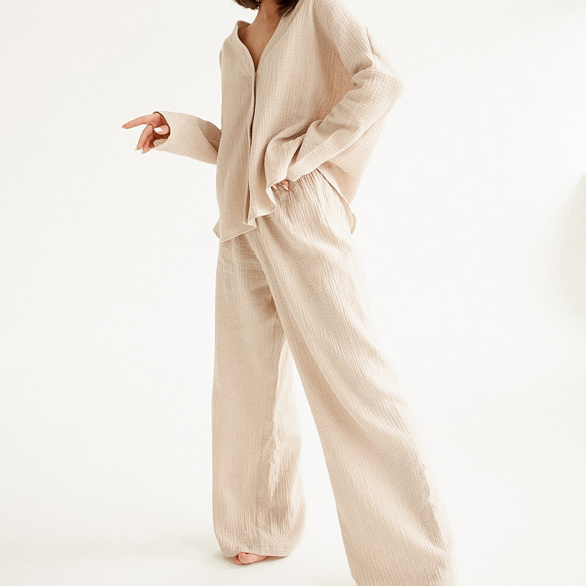 Double Layer Crepe V-neck French Loose Comfortable Long Sleeve Pajamas Cotton Linen Homewear Set