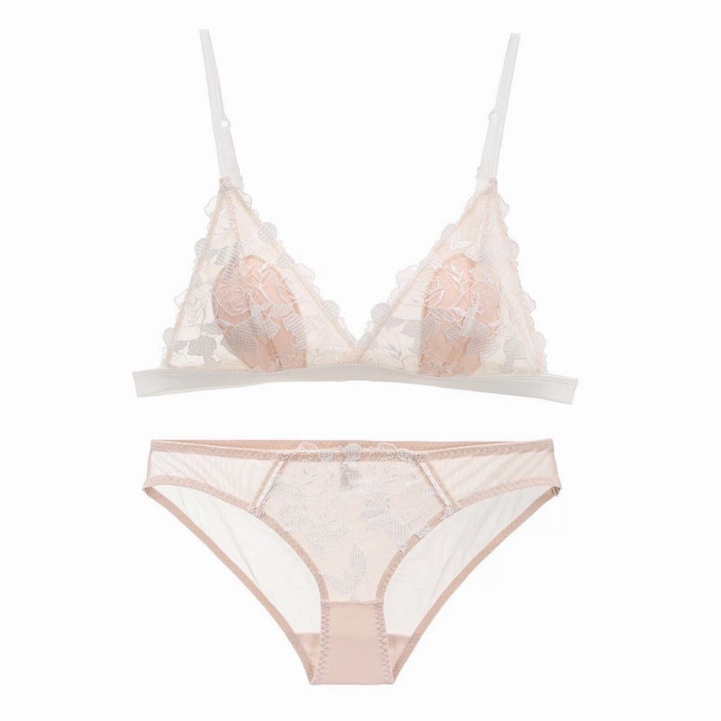 Bralette French Triangle Cup Underwear Wire-Free Breathable Tulle Embroidery Bra Set
