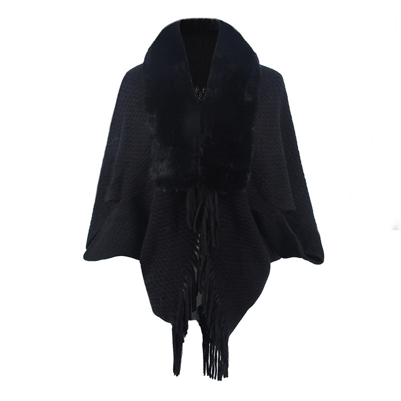 Wool Rain Fur Collar Knitted Tassel Cape Coat Outdoor Shawl