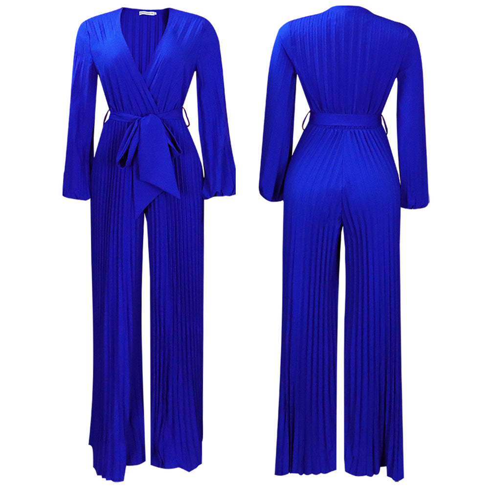 V neck Lace up Pleated Wide Leg Jumpsuit