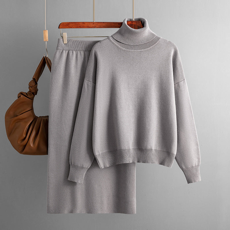 Solid Color Turtleneck Sweater Sheath Skirt Two Piece Set Knitting Suit