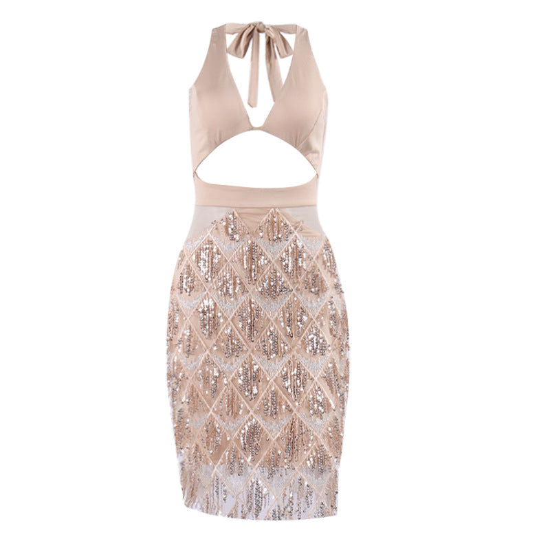 Halterneck Christmas V neck Sequined Tassel Hollow Out Cutout Backless Dress