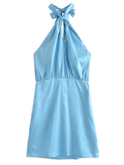 Blue Silk Texture Halter Dress Hollow Out Cutout High Waist Backless