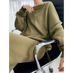 Korean-Style Long-Sleeved Waffle Sweater Ankle-Tied Sweatpants Two-Piece Suit Casual Exercise