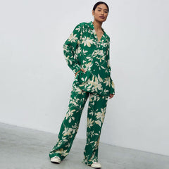 Nightgownable Printed Pajamas Pajama Pants Two Piece Set Contrast Color Elegant Home Wear Can Be Worn outside