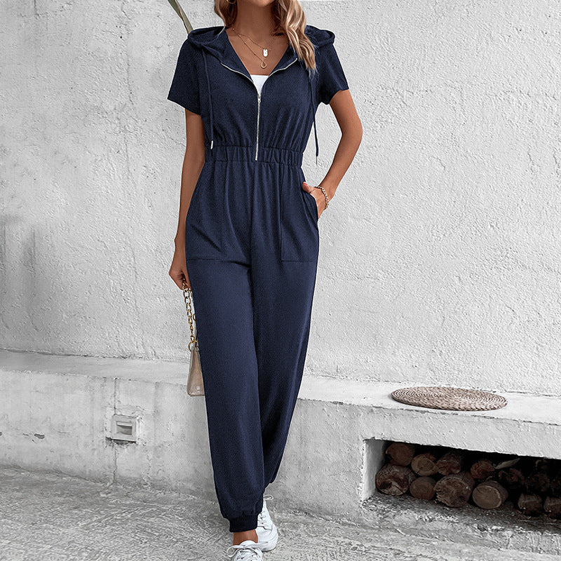 Hooded Work Solid Color Jumpsuit