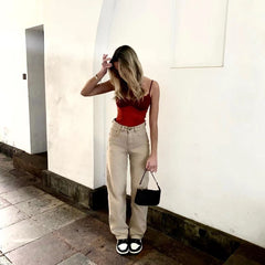 Retro Light Khaki High Waist Draggle Tail Straight Trousers Jeans Street  Smart Trousers