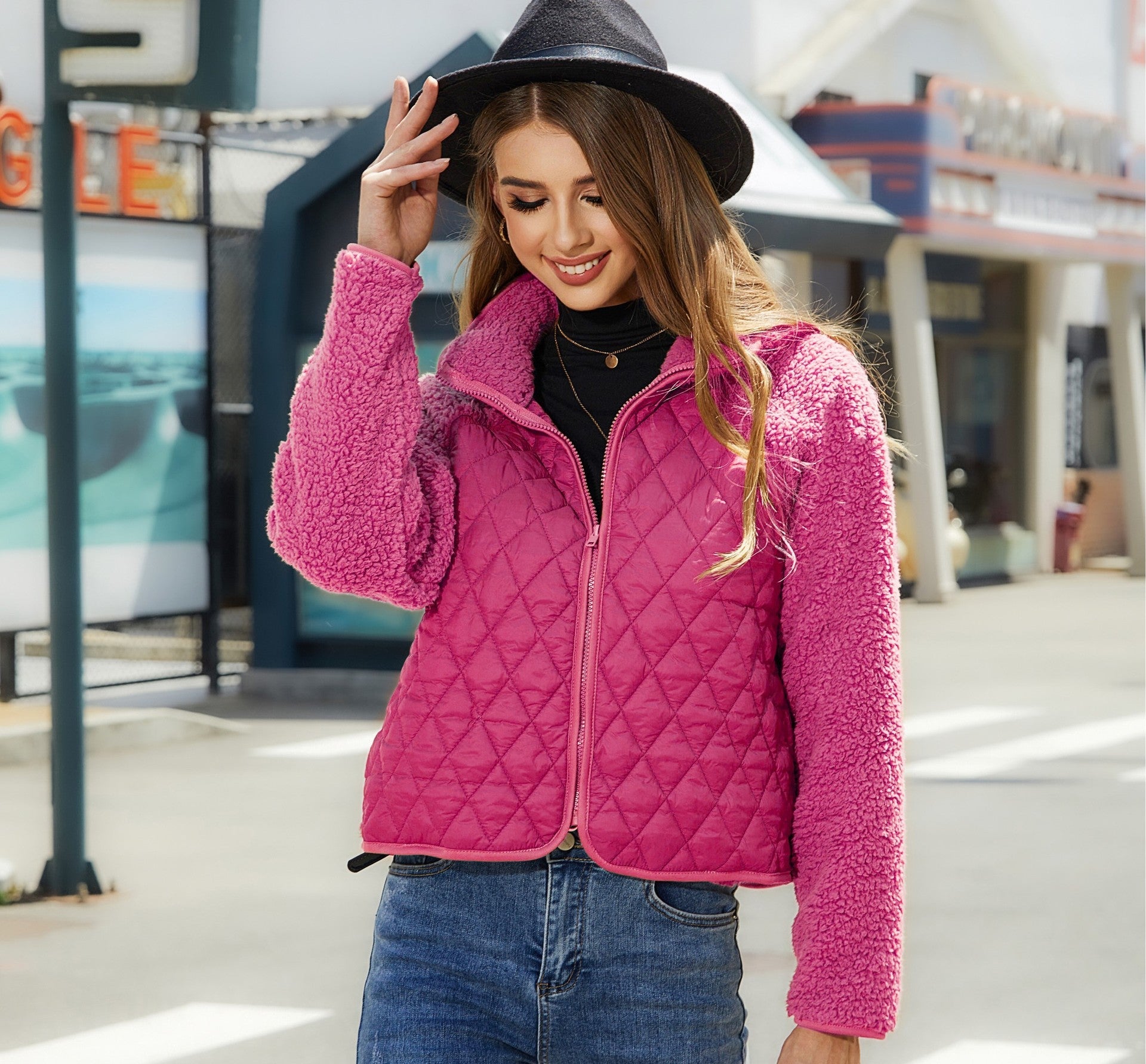Cardigan zippé à manches longues et coutures en peluche