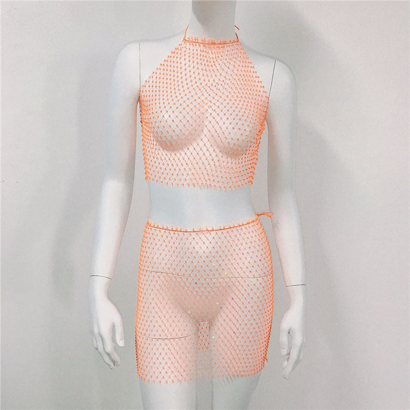 Ensemble jupe de plage en maille avec bretelles en résille et strass