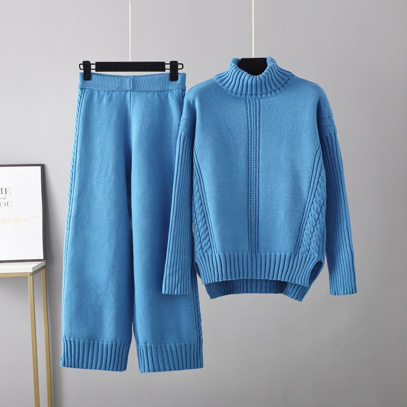 Turtleneck Pullover Thickened Knitting Sweater Casual Set Loose Idle Wide Leg Pants Two Piece Set