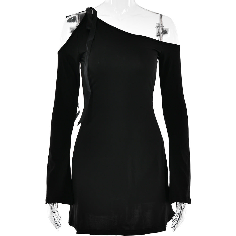 Kleid Diagonalkragen von der Schulter Nähte Hohe Taille Lange Ärmel Hüfte