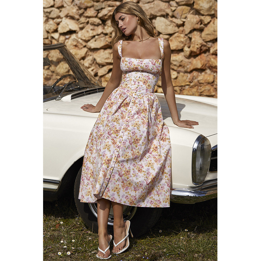 Dress Square Collar Cami Dress Slim Fit Backless Sweet Spicy Wind Maxi Dress Floral Dress