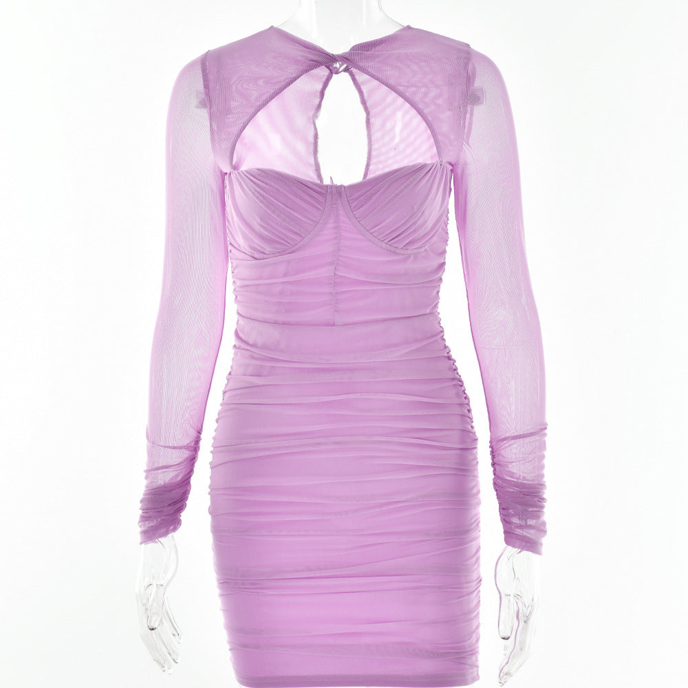 Hollow Out Cutout Low Cut Dress Sheer Long Sleeve Skinny Hip Dress