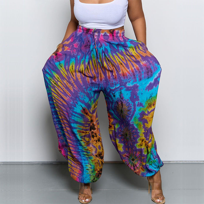 Casual Printing Loose Tappered Tied High Waist Pants