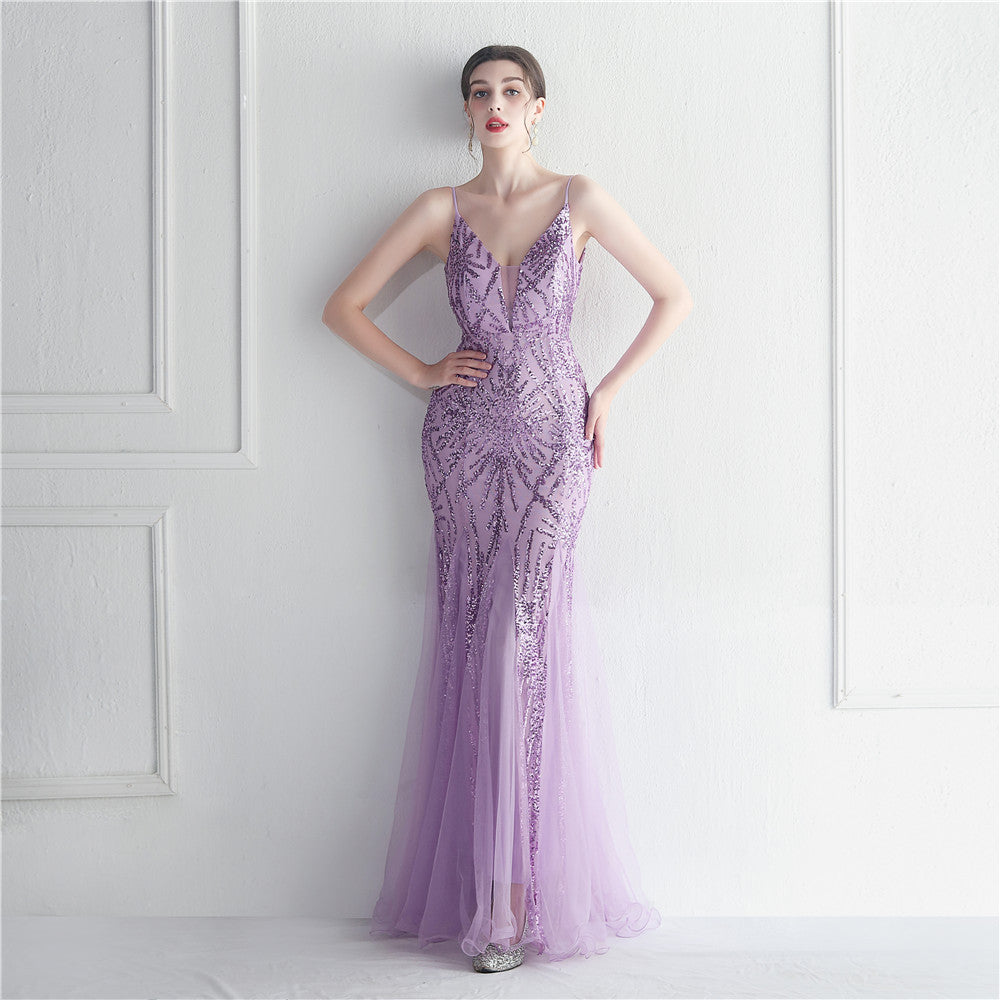 Mesh Beads Sequined Dress Long Evening Dress Star Event Exhibition Stage