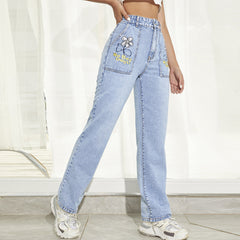 High Waist Wide Leg Stretch Slimming Patchwork Denim Straight Leg Pants