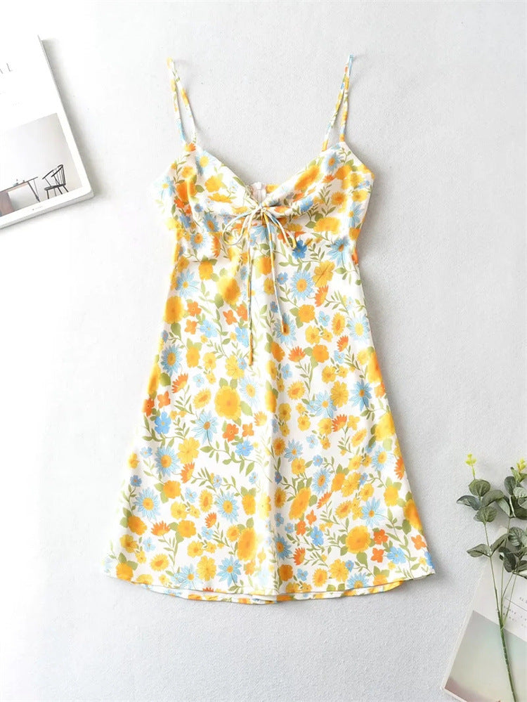 Vacation Printed Lace-up Backless Short Cami Dress Minority Satin Dress sundress
