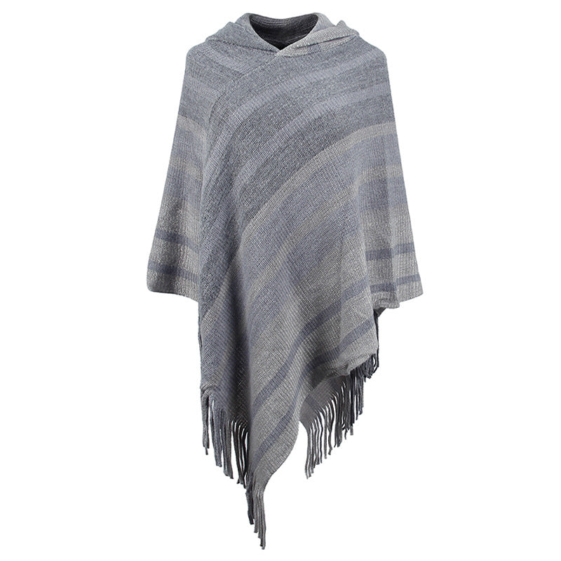 Knitted Tassel Shawl Cape Striped Hooded Scarf
