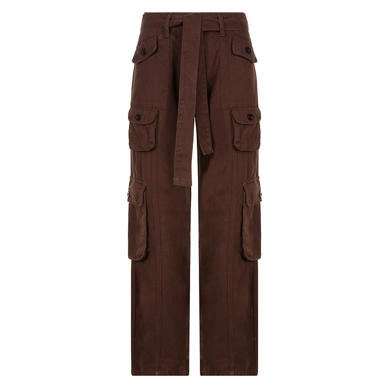 Jean cargo taille basse à lacets, couleur unie, multi-poches, pantalon patchwork amincissant