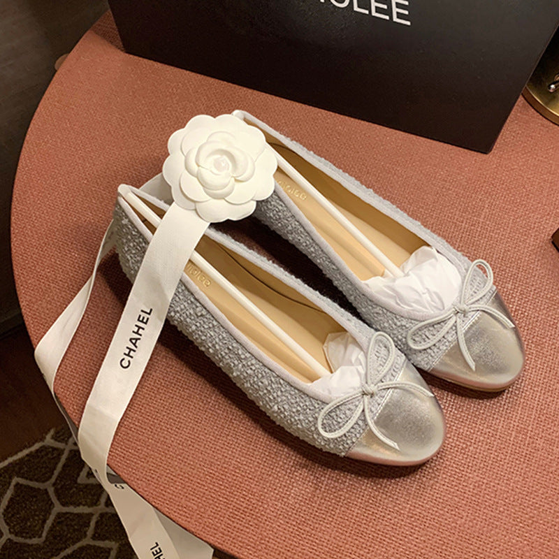 Women's Round Head Lambskin Flat Bowknot Stitching Shallow